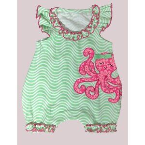 Mud Pie 3-6m NWOT green pink octopus bubble romper ruffles beach ocean sea
